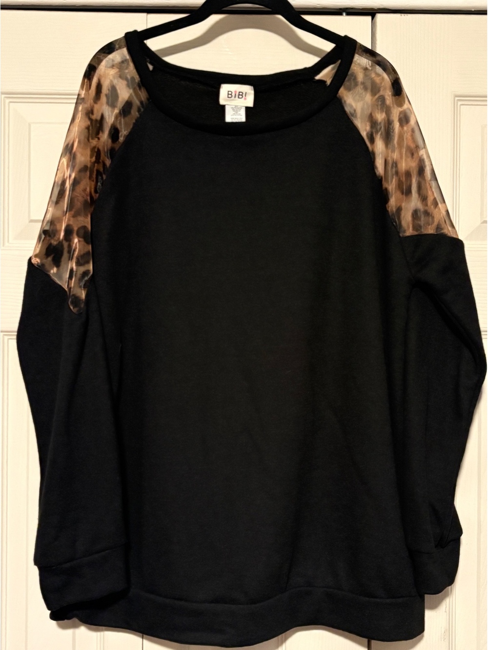 BiBi Black Terry Knit Leopard Print Top XL Sheer Mesh Raglan Sleeves Pullover